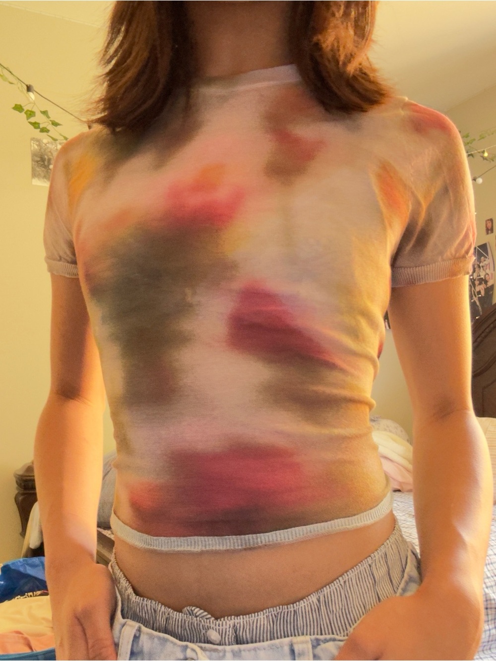 Sheer Short-Sleeve Tie-Dye Crop Top - Multicolor